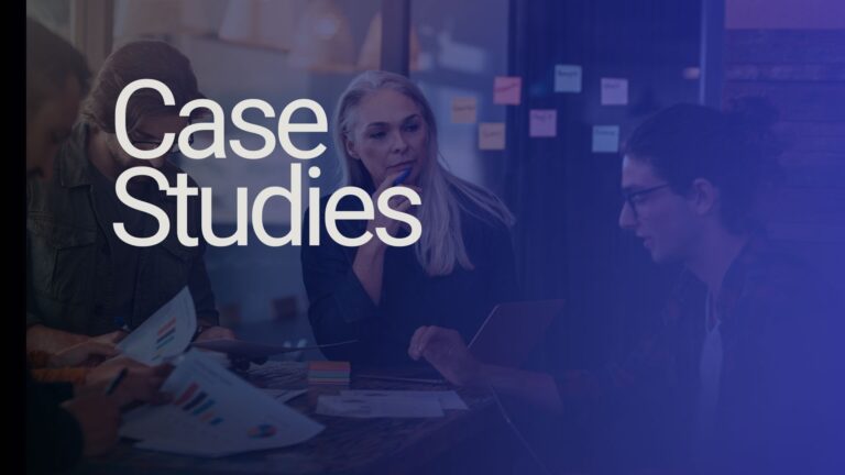 A group of people discuss documents and charts at a table with the words "Case Studies" overlaid, highlighting business intelligence case studies and lessons learned.