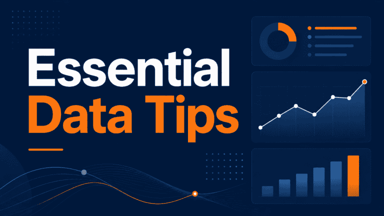 Dark blue graphic with the text "Essential Data Tips," featuring icons of a pie chart, line graph, and bar chart in orange and blue—ideal for any business leader looking to sharpen their business data skills.