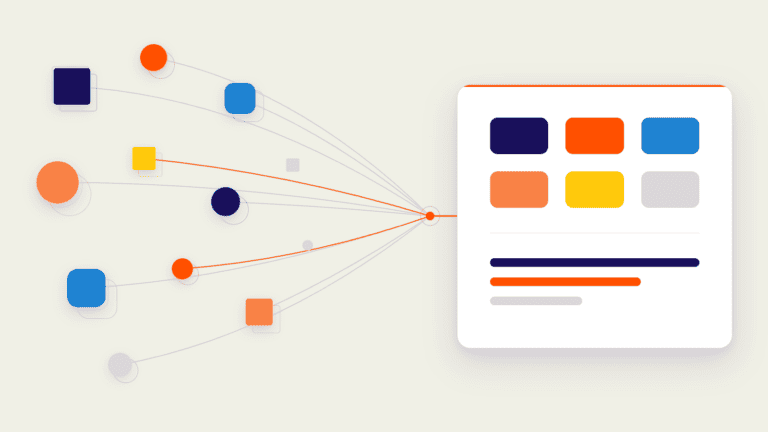 Diagram showing various colored nodes on the left connected by lines to a grouped interface on the right with rectangular color blocks and lines, visually representing the differences between Microsoft Fabric vs traditional BI stack solutions.